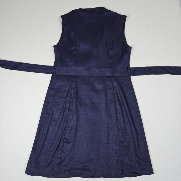 HALSTON Stretch Linen Shirt Dress 8 M Navy Blue Tie Belt Coastal Preppy Pockets - Picture 15 of 16